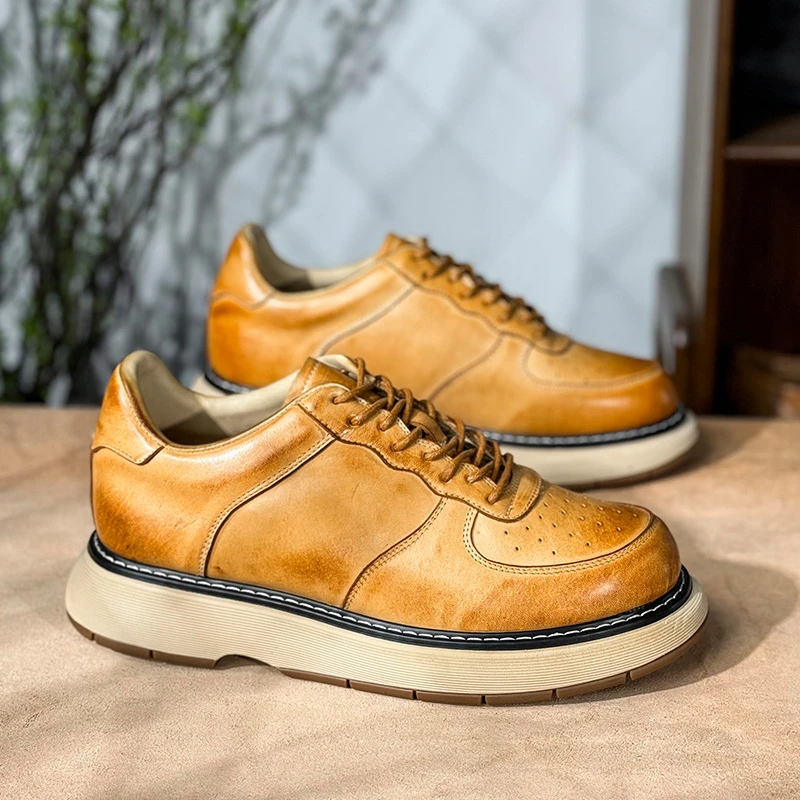 踩屎感厚底运动皮鞋男夏季透气休闲复古低帮工装鞋手工真皮皮鞋男