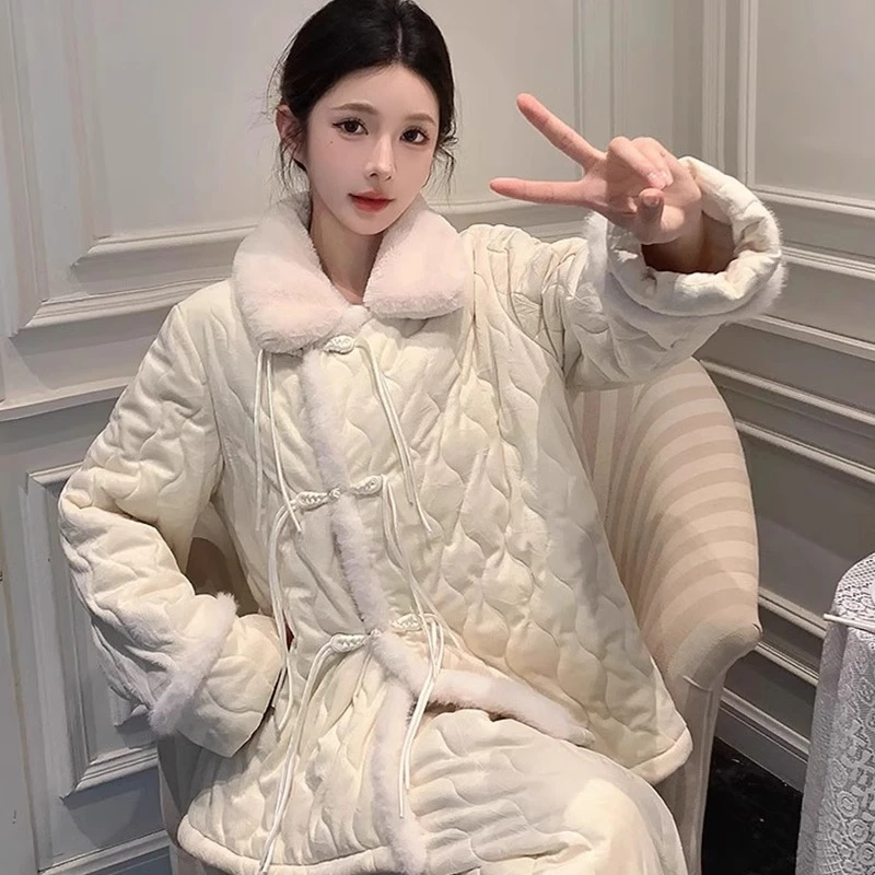 国风珊瑚绒睡衣女冬季2025新款高级感三层夹棉加绒加厚可外穿棉袄