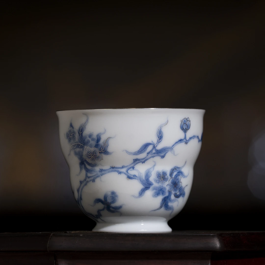 瓷语阁-赋春寻隐-青花描银迎春桃花(桃花）-葫芦杯-纯手工