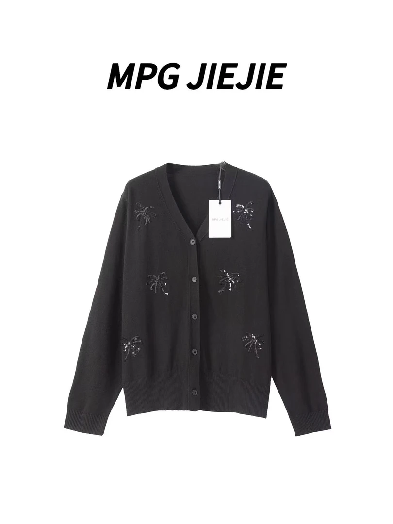 MPG JIEJIE【璀璨烟花】大码显瘦针织设计感黑色薄款时尚针织开衫