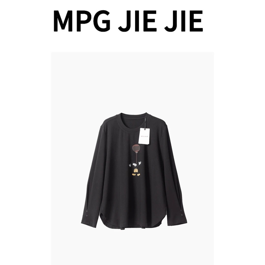 MPG JIEJIE【气球T】冬季加绒长袖针织时尚休闲黑色印花设计圆领T恤