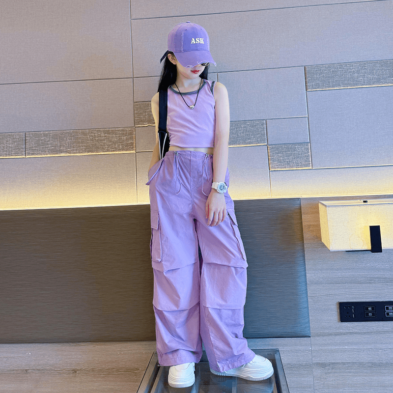 女童工装裤套装夏季2024新款洋气中大童背心夏装儿童装网红阔腿裤