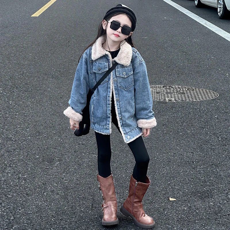 女童加绒牛仔外套秋冬2025洋气女大童派克服加厚棉服儿童冬季童装