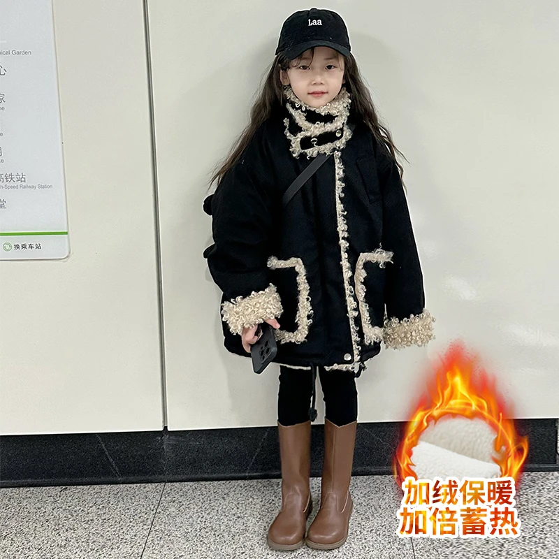 女童加绒外套秋冬2024新款洋气时髦女大童加厚冬装儿童羊羔绒上衣