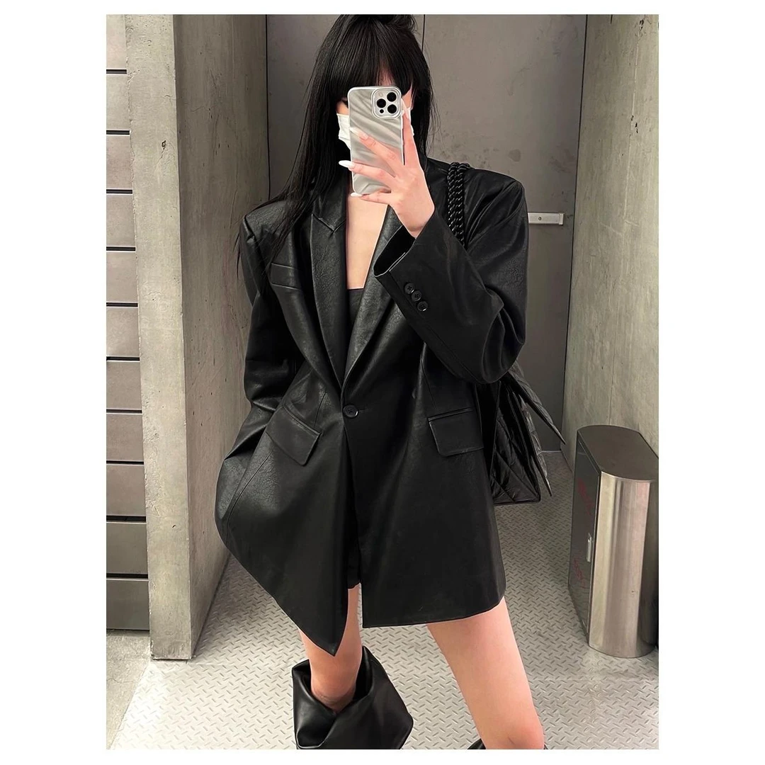 上衣女2024年秋季新款韩版时尚百搭设计感皮衣气质黑色西装外套潮