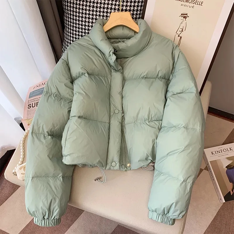 绿色短款小个子面包服女秋冬季2023年新款加厚宽松时尚棉服外套