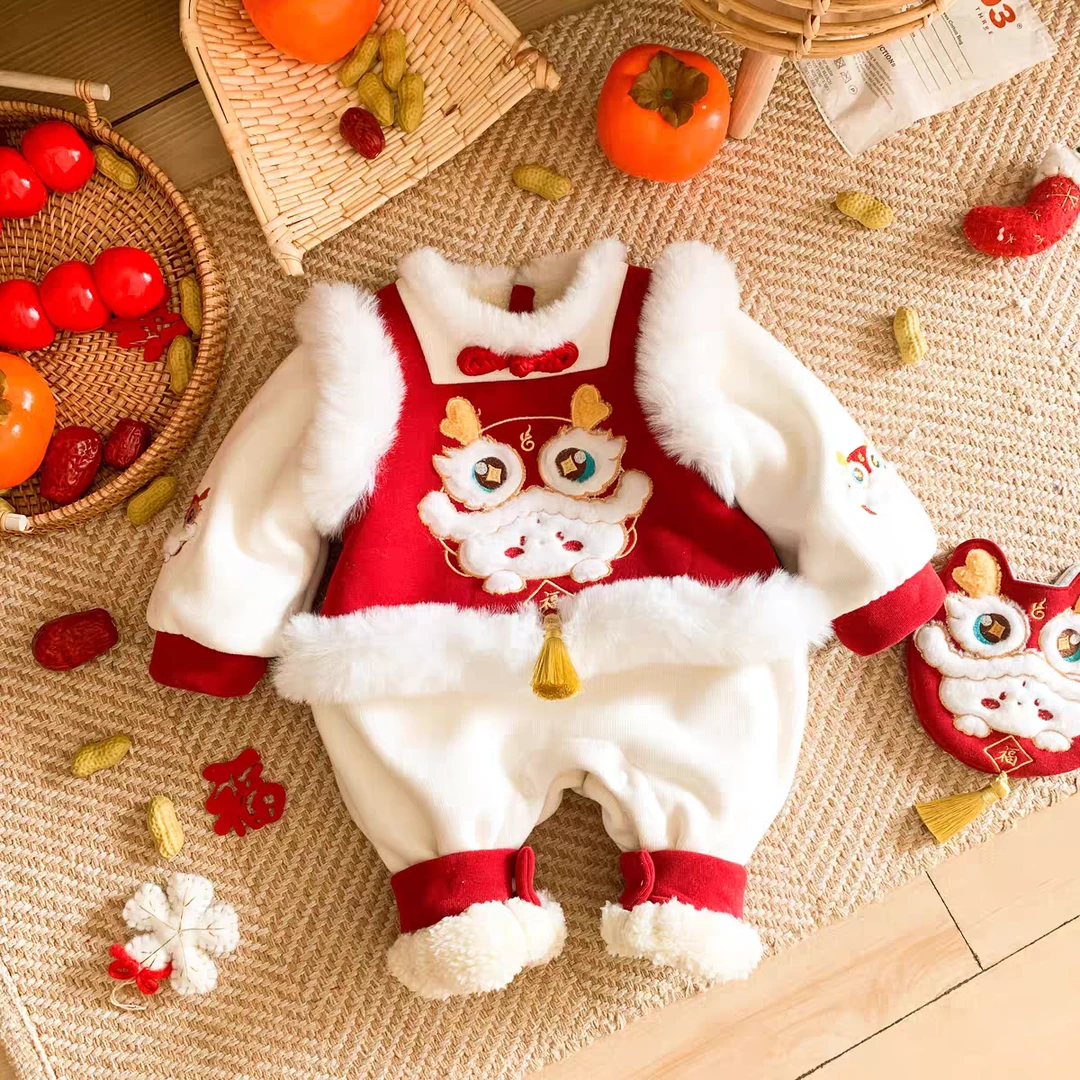 婴儿过年冬装连体衣服男女宝宝加厚保暖拜年服红色喜庆棉哈衣