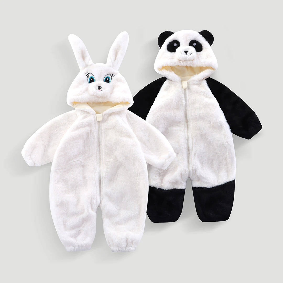 幼儿熊猫毛绒连体衣双层宝宝冬季连帽爬服新生儿可爱保暖家居睡衣