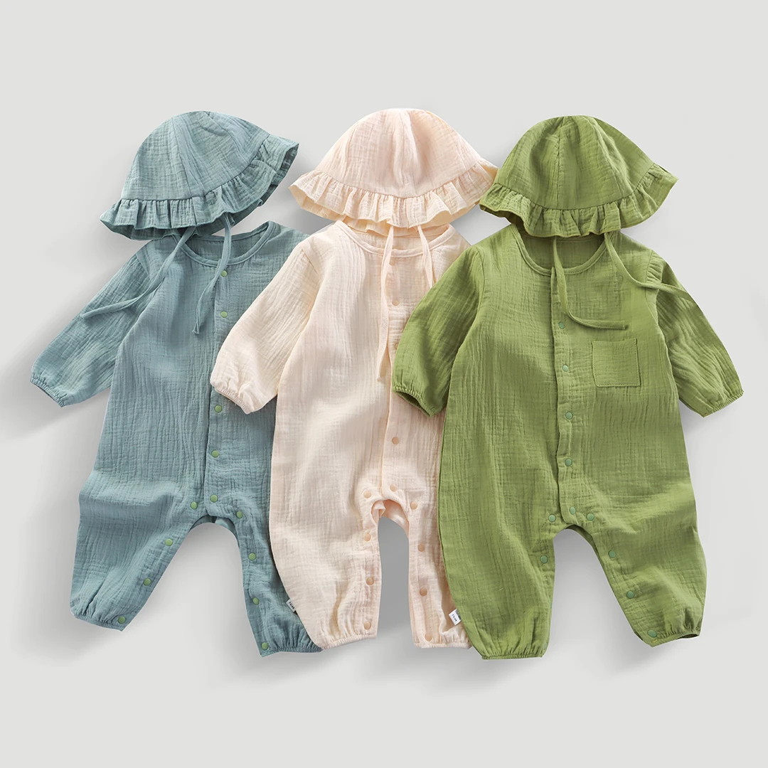 婴幼儿夏季薄款连体服双层棉纱透气吸汗纯色带帽长袖爬服宝宝哈衣