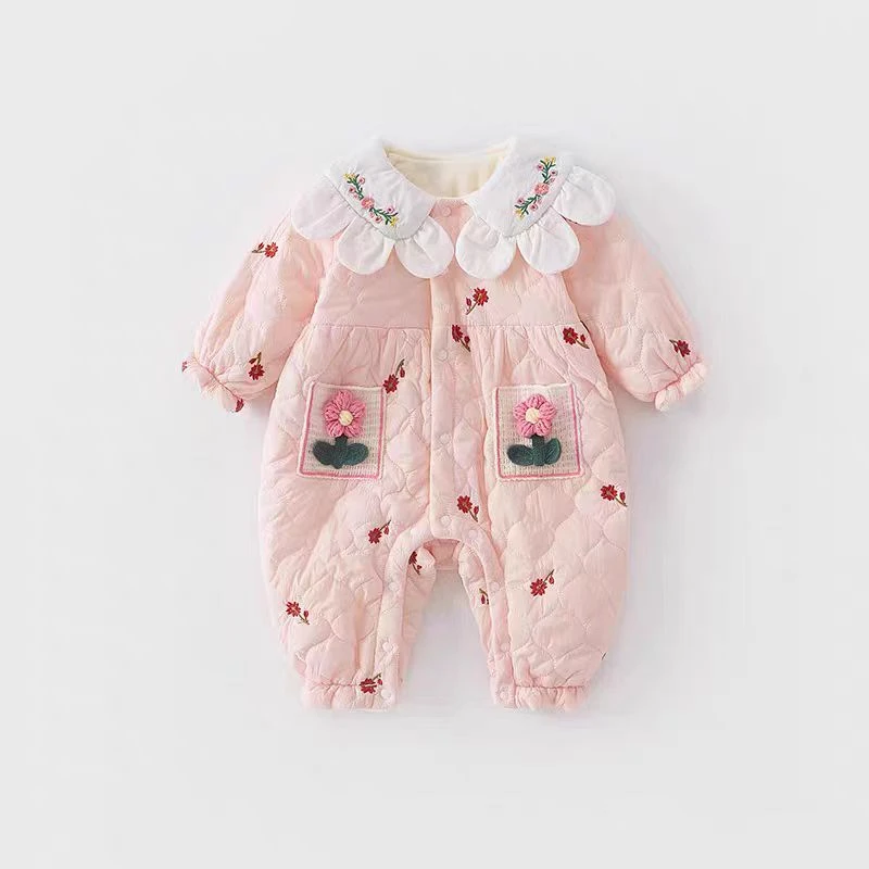 超萌新生婴儿衣服秋冬加绒加棉女宝宝连体衣可爱公主外出抱衣爬服