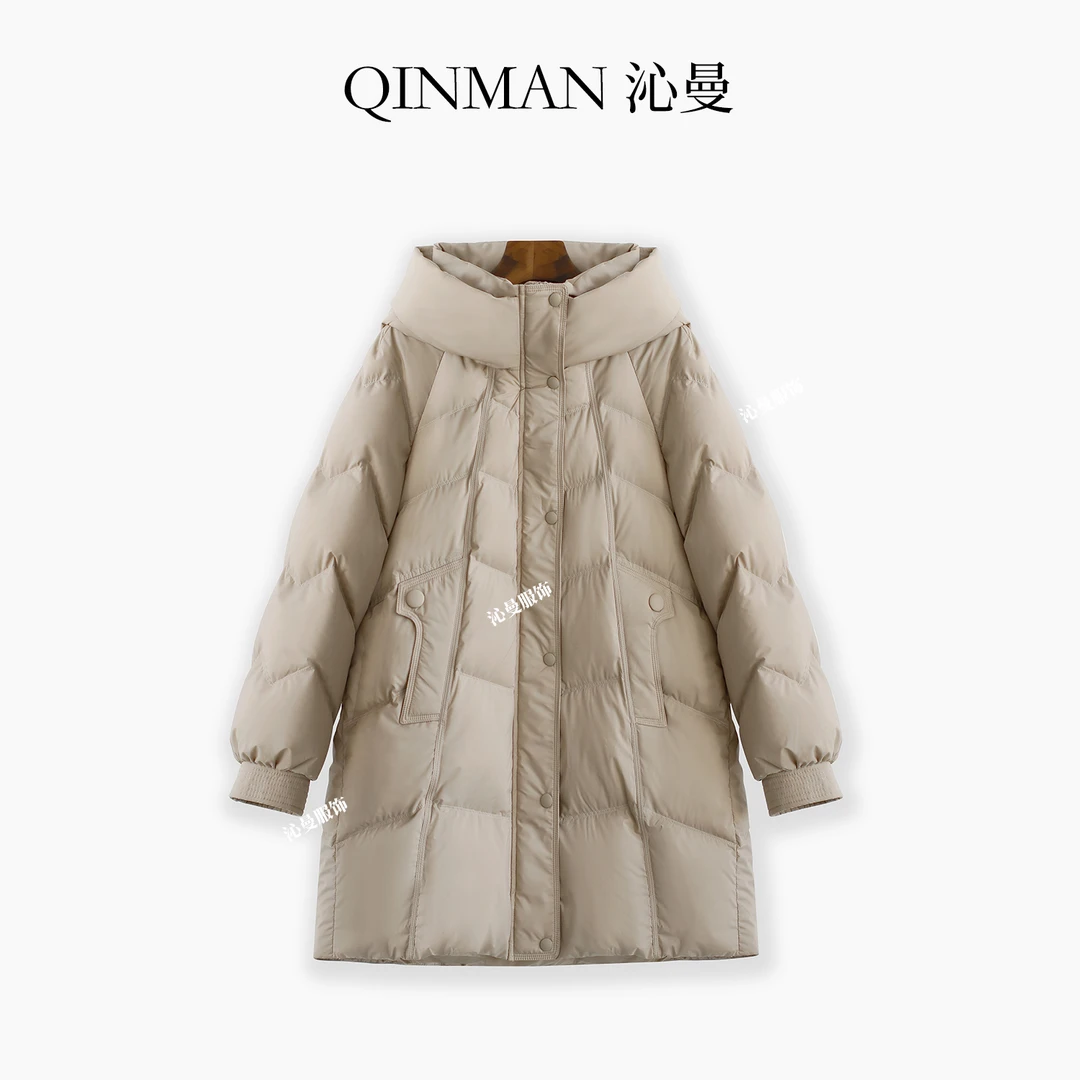 沁曼E003时尚90白鹅绒加厚鹅绒服女新款连帽中长款显瘦保暖外套