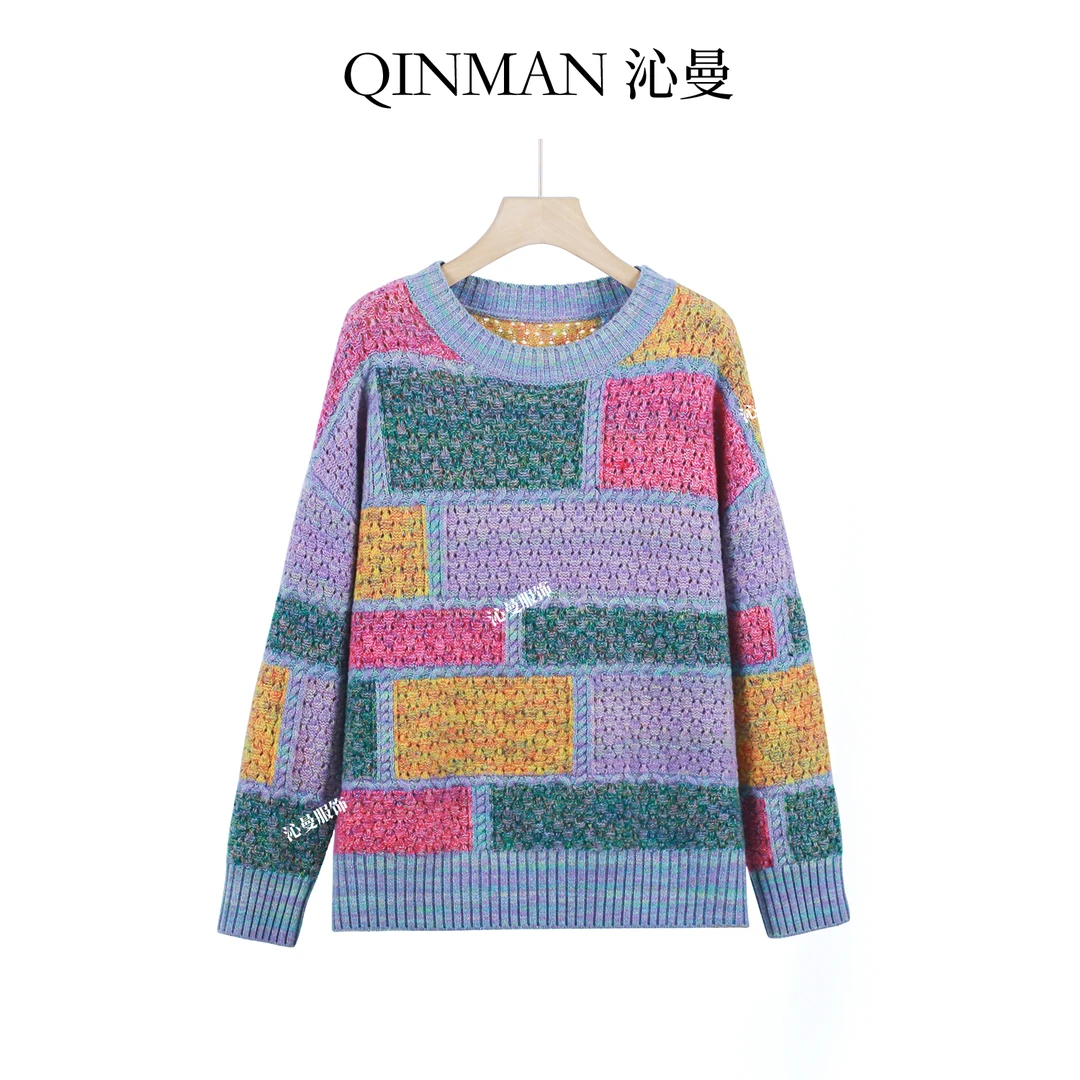 沁曼8055秋冬女装新款100%彩红羊毛针织上衣气质百搭羊毛衫宽松