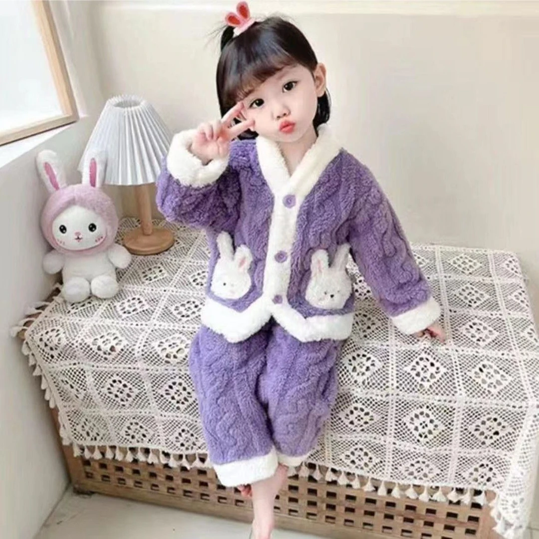 冬季女孩加厚法兰绒柔软舒适睡衣家居服套装开衫款居家保暖套装