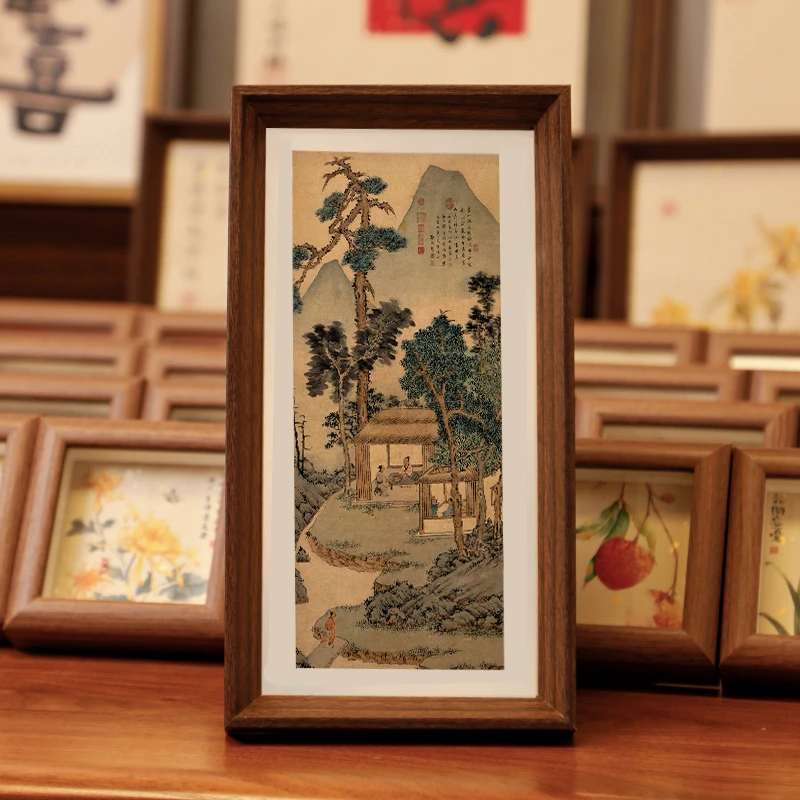 明 文徵明【品茶图】复刻书法摆台新中式文艺桌面摆件简约木相框