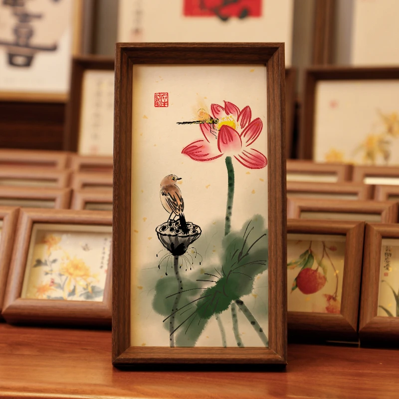 【蜻蜓荷花小鸟】书法摆台文艺书法桌面简约玻璃木质相框摆件