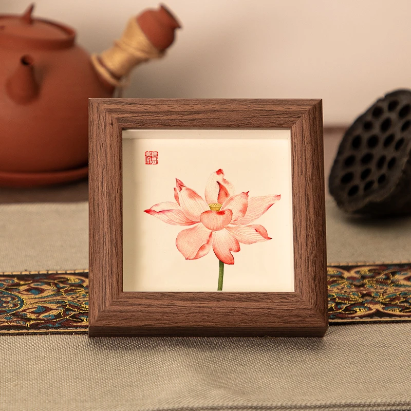 【荷花】4寸书法摆台文艺书法桌面简约玻璃木质中空相框摆件