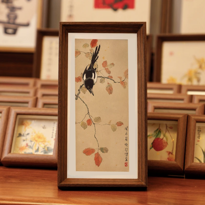 徐悲鸿【晚秋喜鹊图】复刻书法摆台新中式文艺桌面摆件简约木质相框