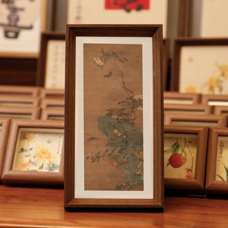 清 汪中【花卉条幅】复刻书法摆台新中式文艺桌面摆件简约木相框