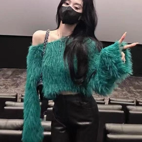 2023新款露肩软糯防貂绒毛衣秋冬慵懒风宽松短女款针织衫长袖上衣