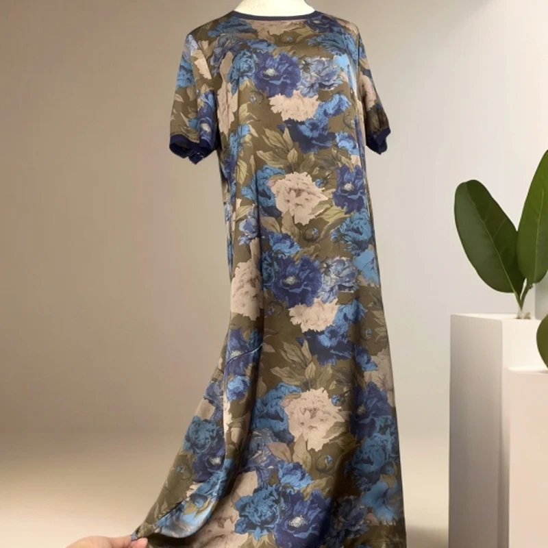 8819中年妈妈印花显瘦宽松气质夏季短袖连衣裙长裙子时尚长款蓝色