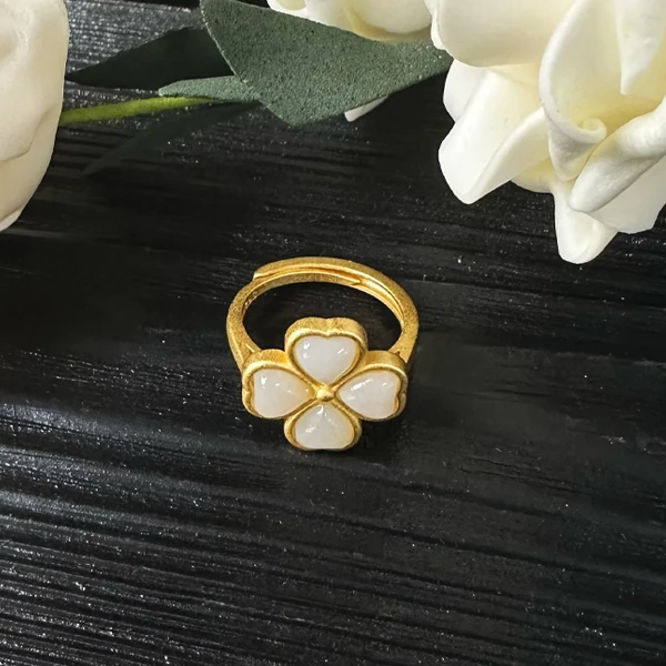 普陀山#23079*四叶草*和田玉戒指可调节经典藕粉色气质奢华戒圈