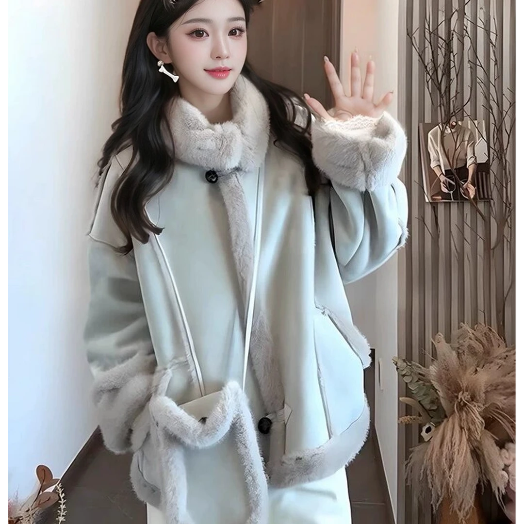 F毛毛外套女短款2024新款冬季韩版宽松拼接立领机车风休闲