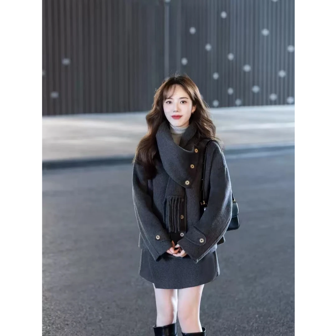 独特绝美小套装秋冬灰色短款毛呢外套高腰裙裤高级感超好看两件套