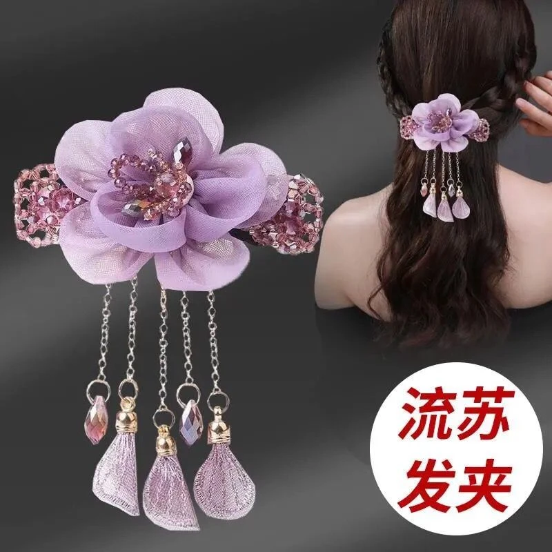 布艺发饰 头饰流苏发夹花朵顶夹古风发卡韩式一字夹马尾弹簧夹