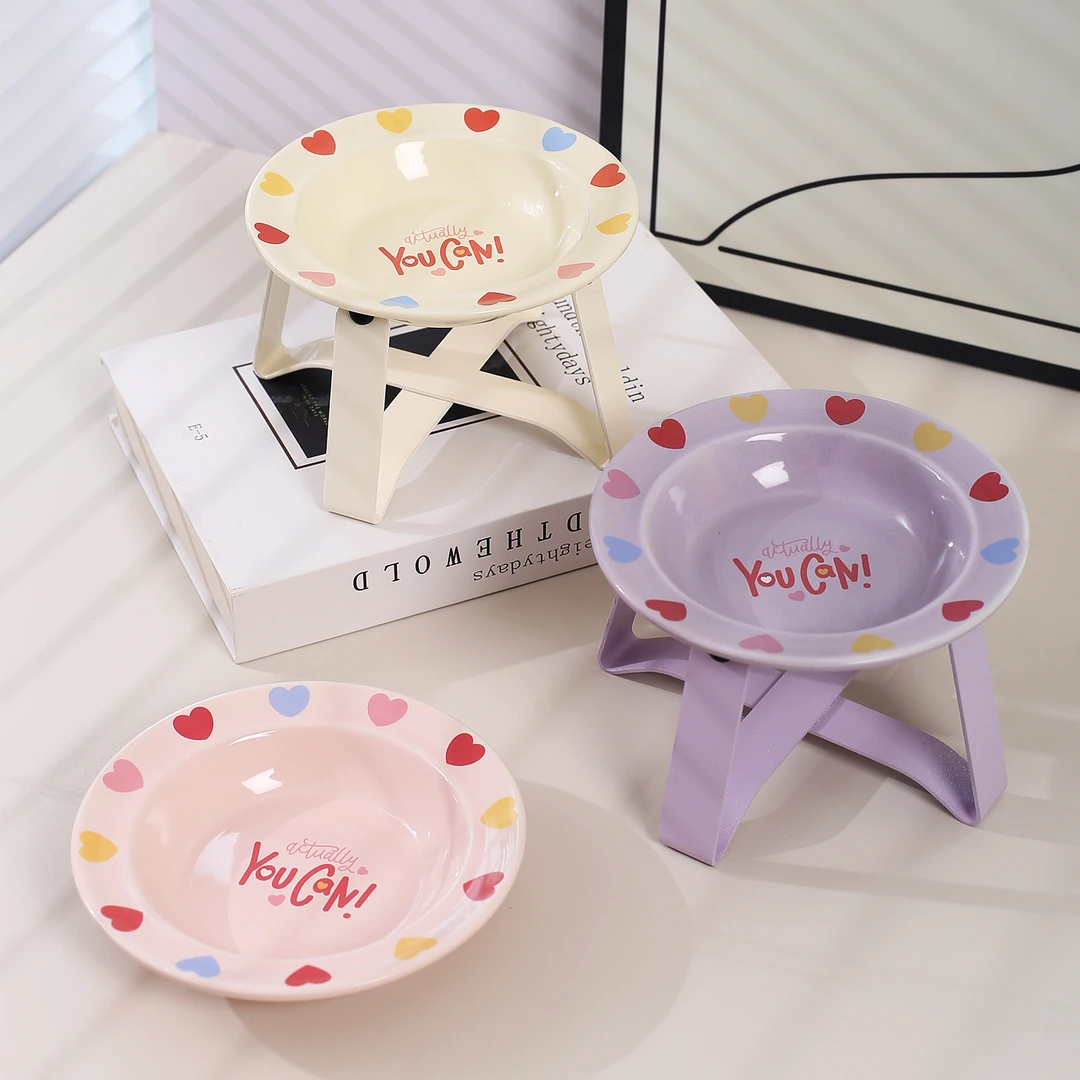奶油风飞碟盘带矮款铁架创意爱心陶瓷宠物碗宠物用品食盆猫碗狗碗