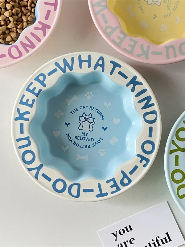 花边猫碗防黑下巴猫罐头食盆陶瓷狗粮碗可爱防打翻喂水碗宠物用品