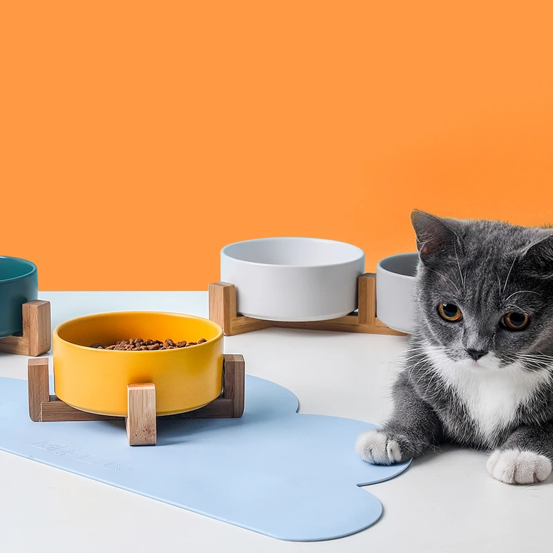猫碗陶瓷双碗黑色水碗木架保护颈椎高脚猫咪粮碗饮水碗大号碗用品
