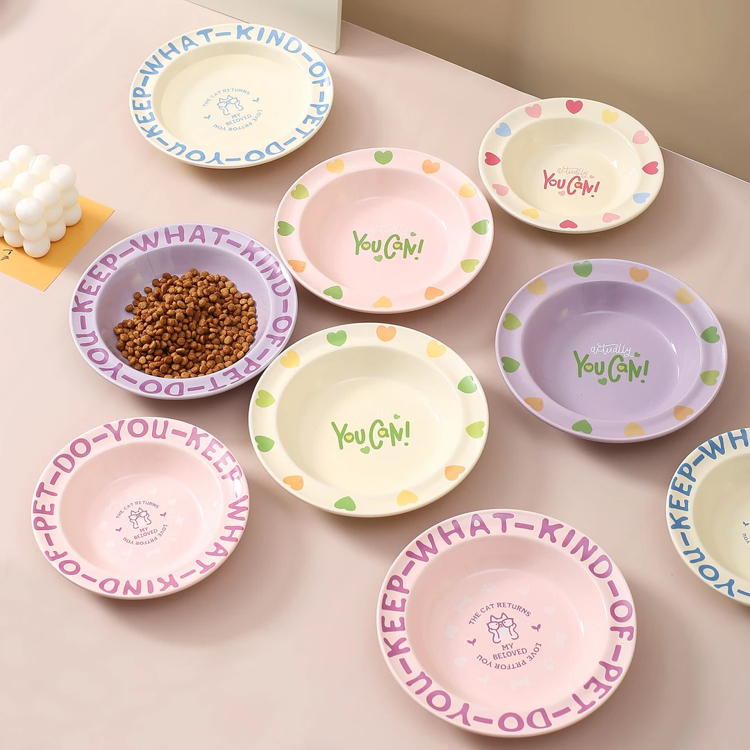 飞碟盘猫碗陶瓷猫食盆防打翻少女心黄色狗碗宠物猫碗护颈防黑下巴