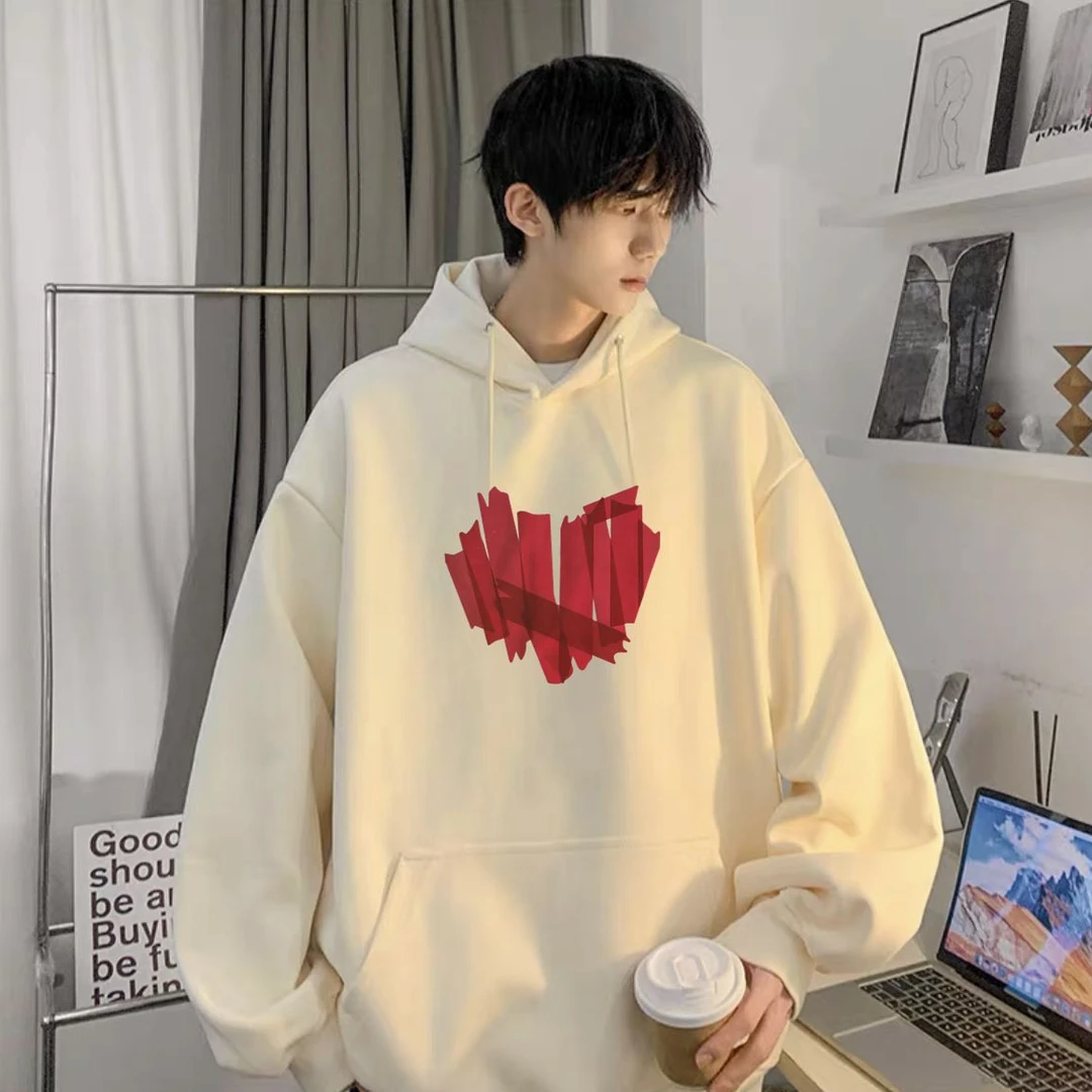 像素爱心华棉连帽潮流时尚百搭休闲卫衣秋季印花落肩潮流卫衣