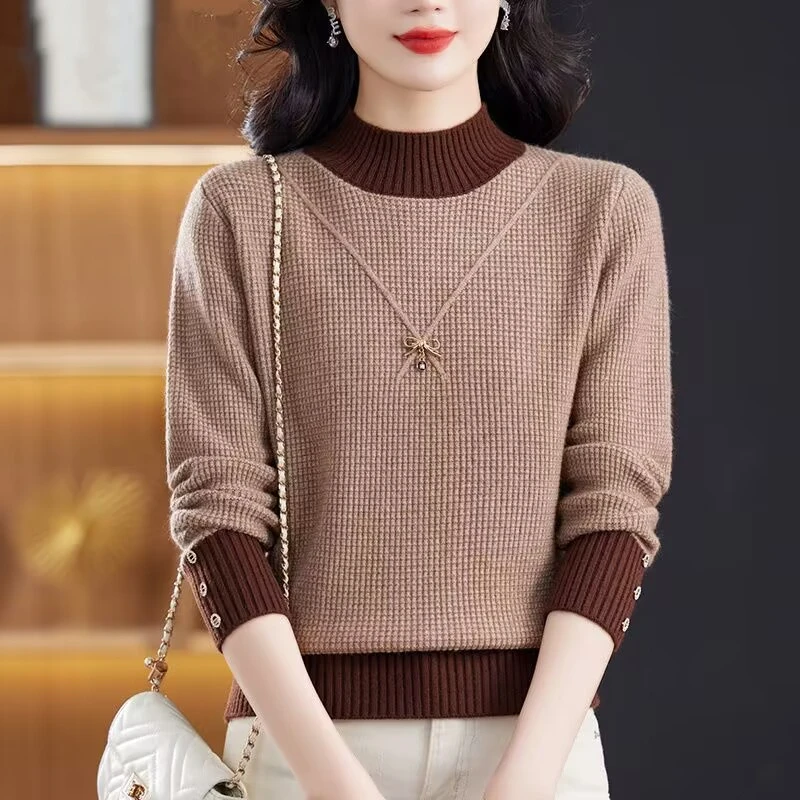 2025秋冬季百搭圆领长袖针织衫女拼色套头针织时尚打底衫上衣