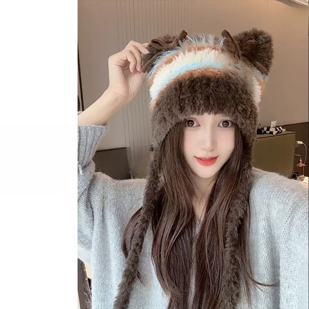 猫耳朵蝴蝶结可爱毛绒帽子秋冬新款针织护耳帽加绒保暖雷锋帽韩版