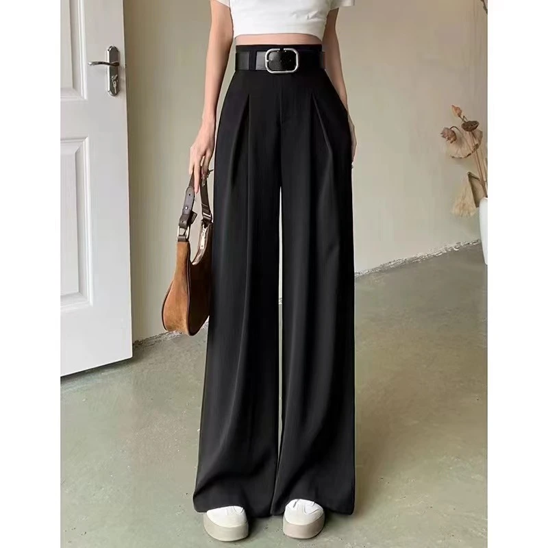 2827秋款高腰宽皮带大腿裤垂感裤显瘦高腰时尚休闲百搭黑宽松