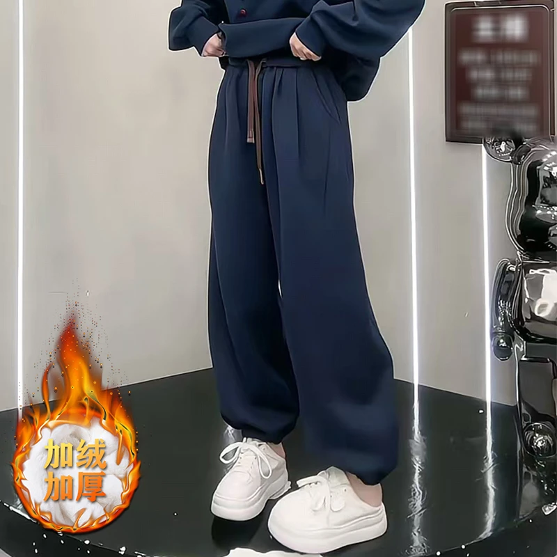 高腰抽绳保暖束脚裤女2024秋冬新款小个子显高卫裤大码加绒休闲裤