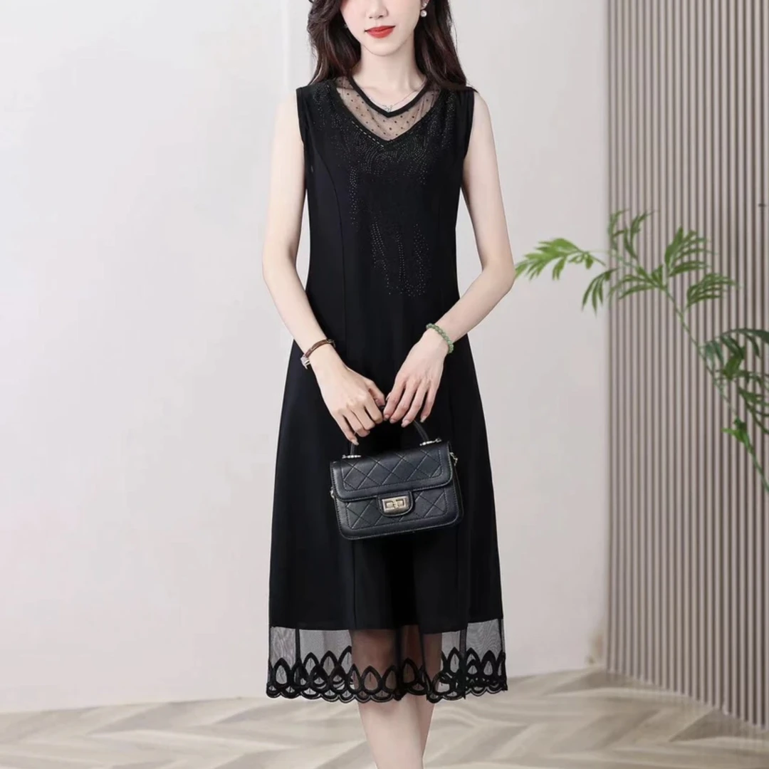 新款蕾丝黑色背心裙气质女装连衣裙时尚洋气无袖显瘦中长款