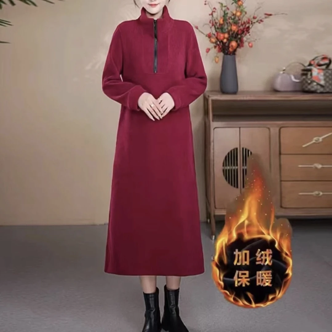 冬季新款加厚连衣裙立领保暖网红复古双面冬款秋冬中式中长款加绒