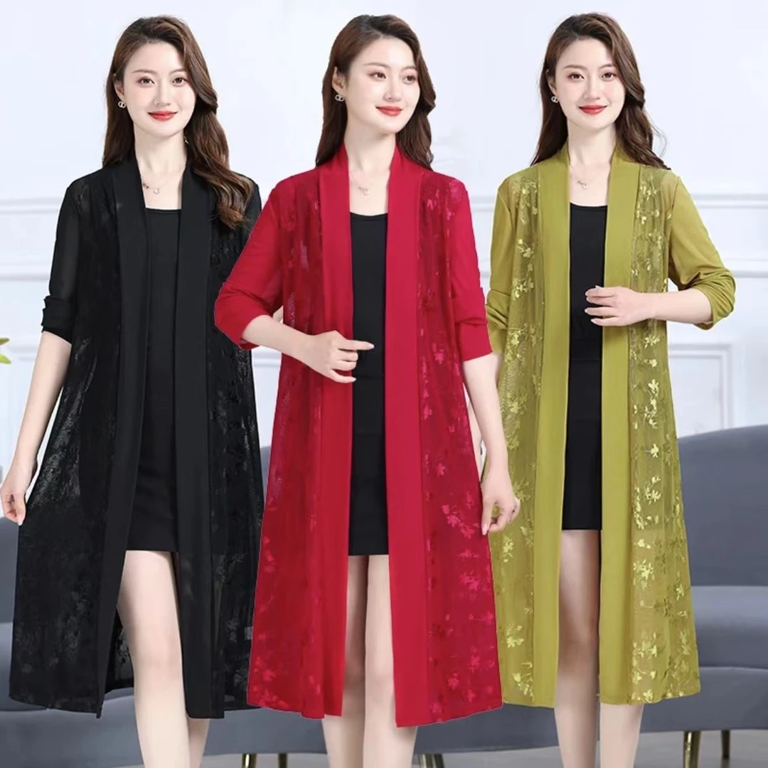 夏季薄款中长款妈妈开衫外套防晒衣气质百搭大码蕾丝透气梅花2407