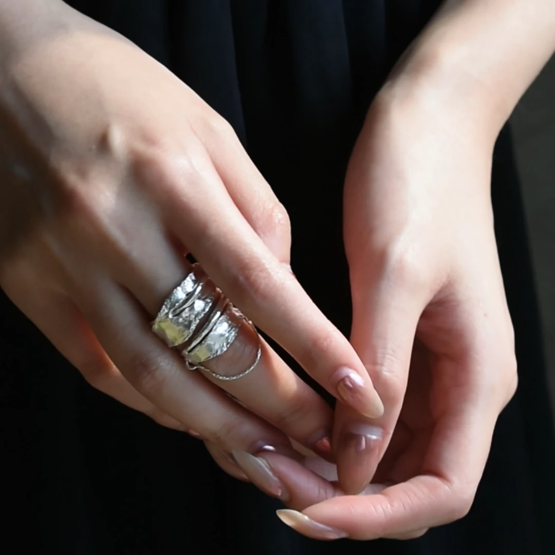 东黑三白 925银戒指 双层戒圈 s93银原创设计肌理叠戴组合戒指