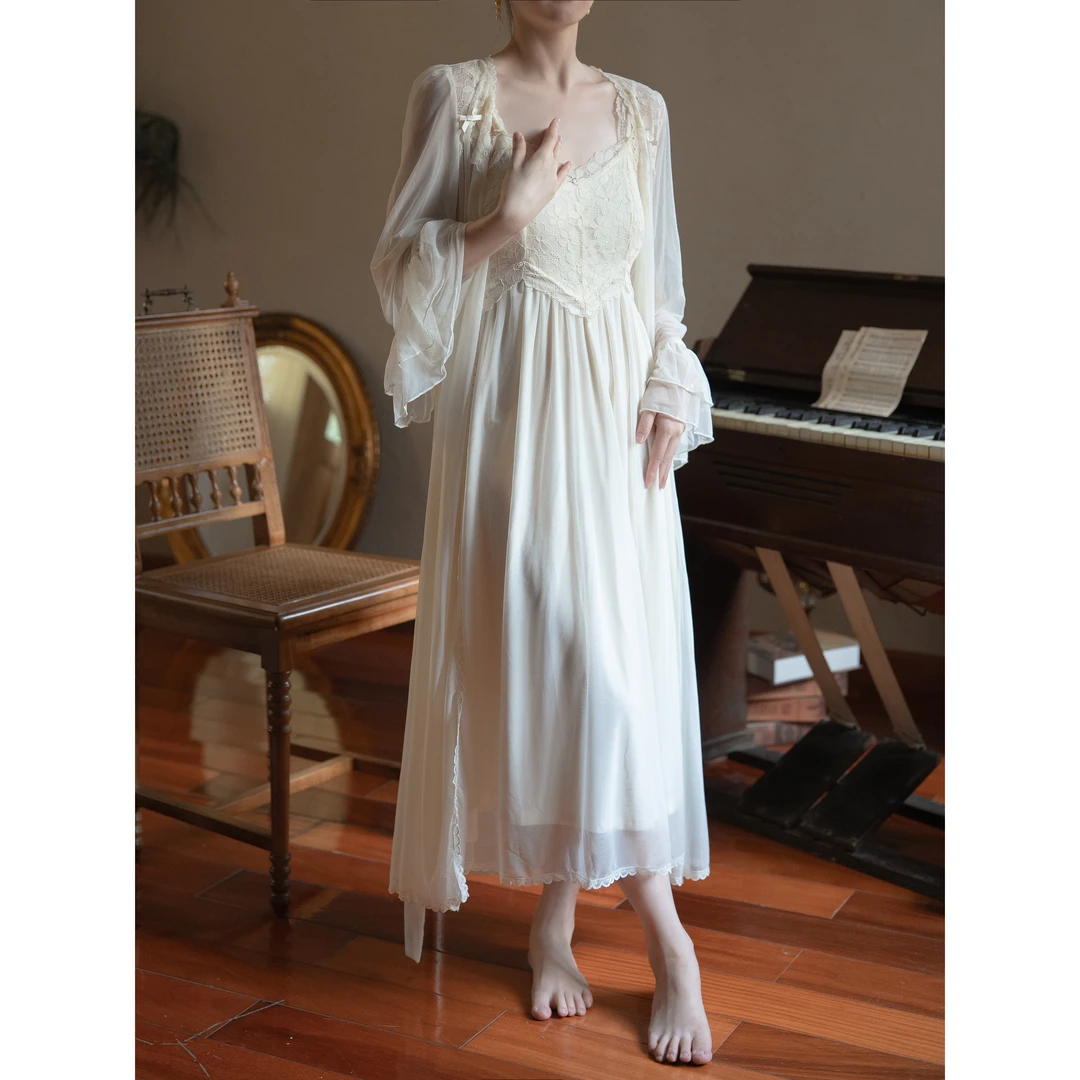 【繁花】新款原创轻奢睡衣女款性感睡裙套装高端晨袍可外穿蕾丝睡裙