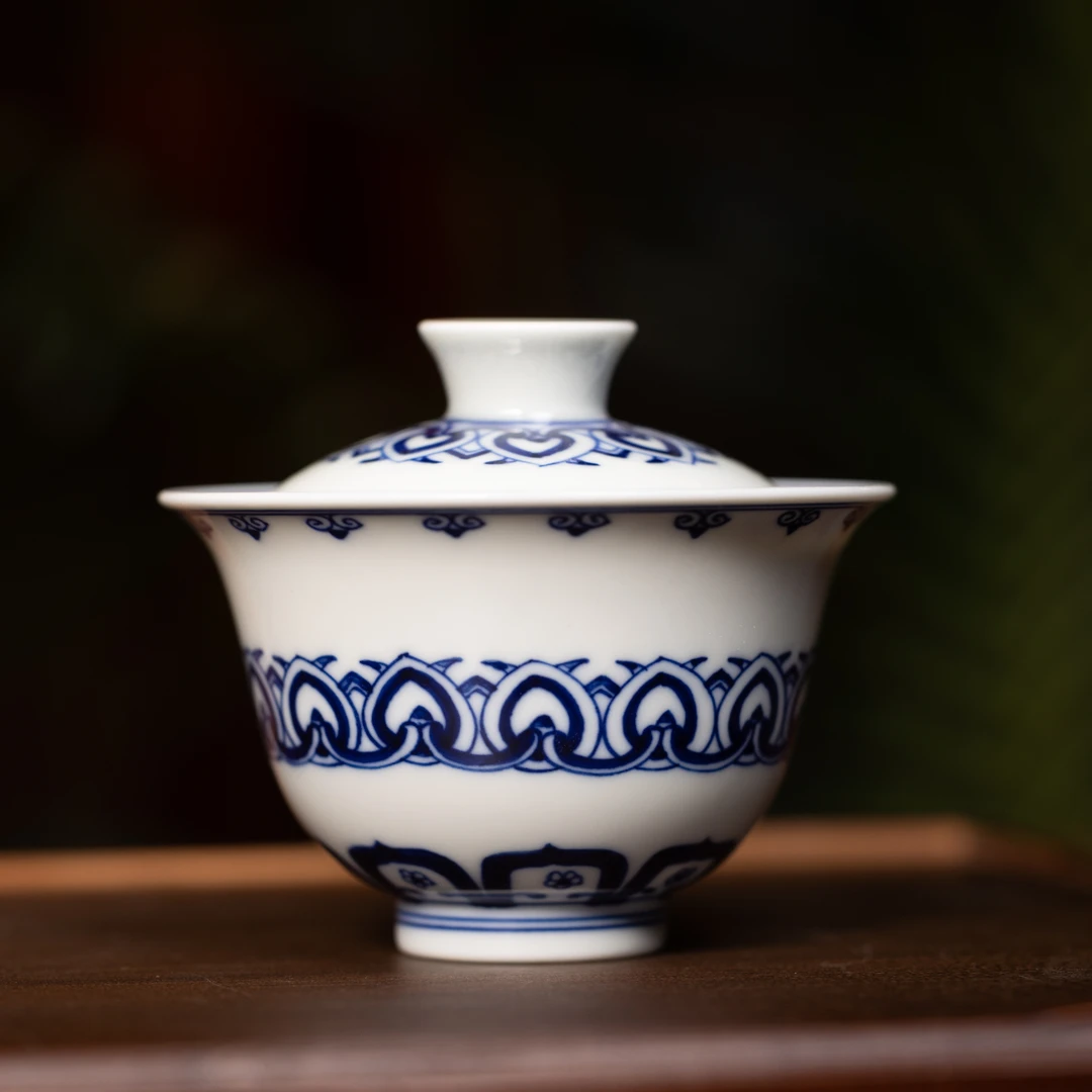 【榫卯柴窑】宝相纹两才盖碗 青花瓷陶瓷手工花纹（sm65）