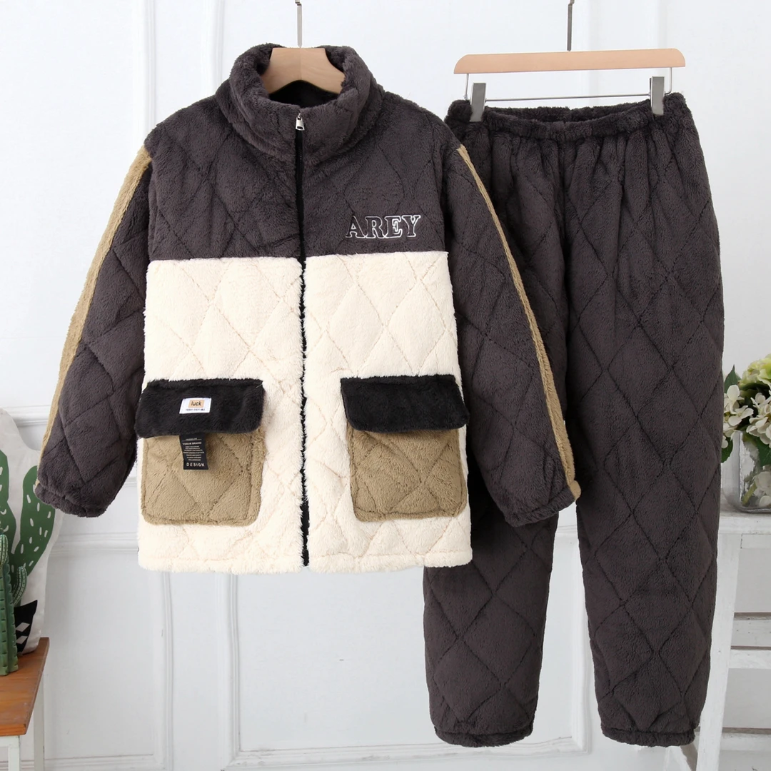 冬季新款超厚男士睡衣青年三层夹棉加绒法兰绒保暖家居服套装外穿