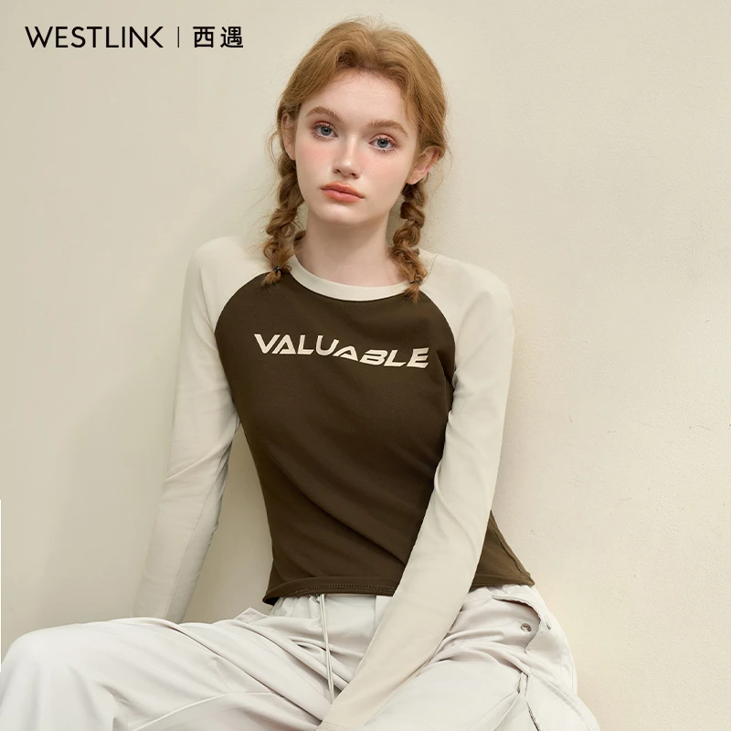 42713美式校园撞色插肩袖字母印花长袖T恤女2024秋季修身短款上衣