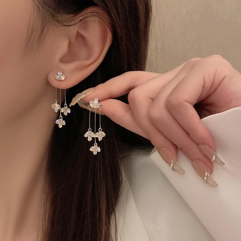 合金合成锆石耳饰 水晶花朵耳钉韩国气质流苏耳环个性设计感耳饰