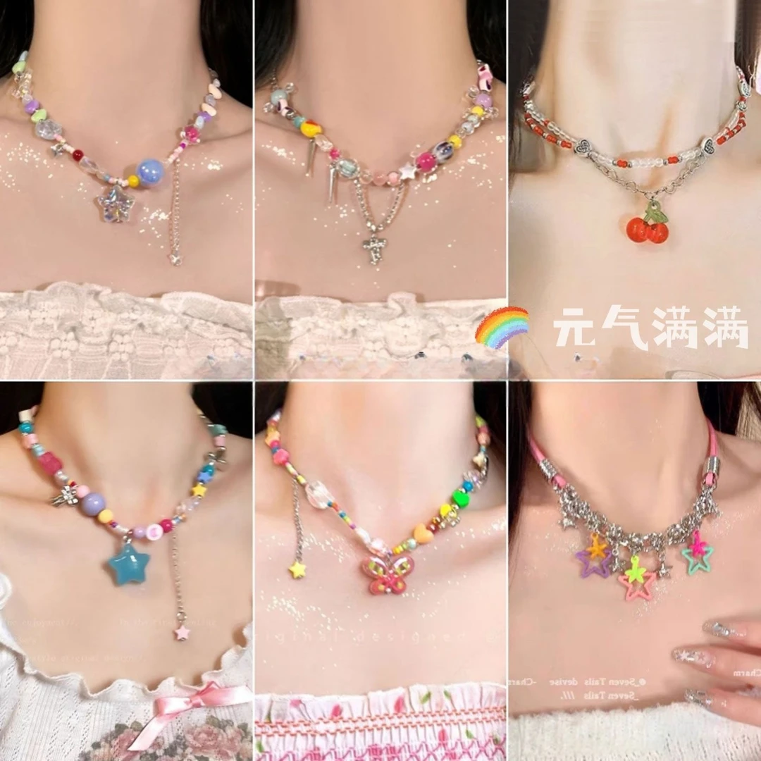 合金合成锆石项链 夏日多巴胺彩色爱心蝴蝶串珠项链锁骨链颈链