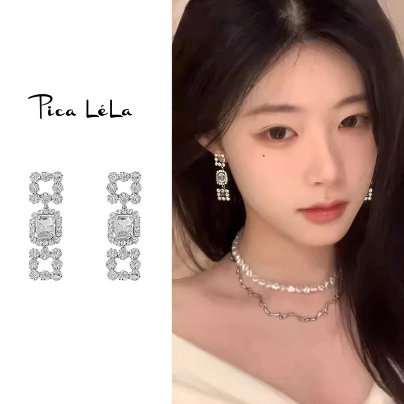 合金合成锆石耳饰 韩国东大门小众镶钻流苏耳钉法式百搭气质耳饰