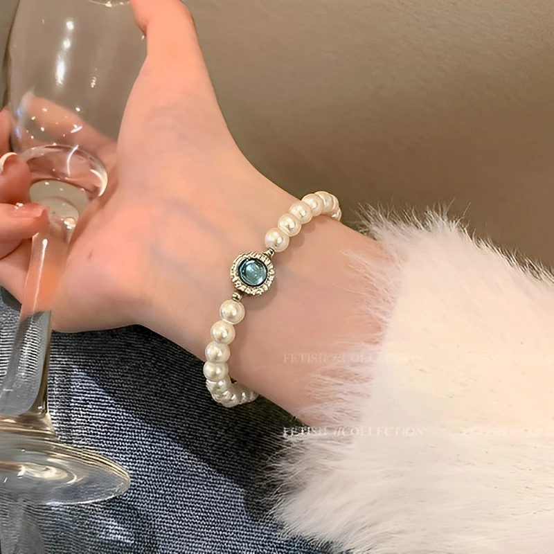 合金仿珍珠手链 2024新款简约仿时尚精致轻奢百搭蓝色ins小众手链