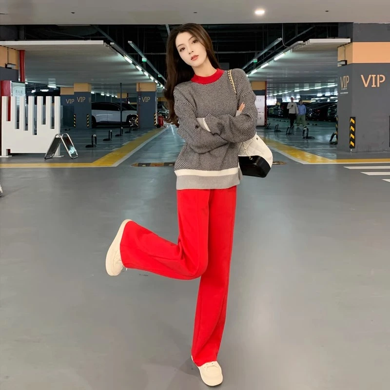 秋冬装搭配一整套时尚减龄针织毛衣红色休闲阔腿裤两件套装女洋气